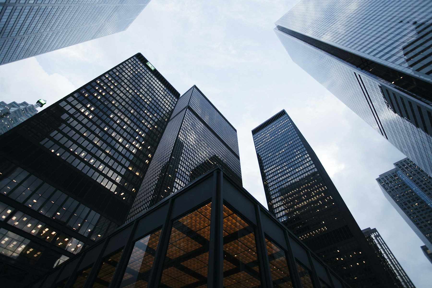 Glass office towers viewed from below